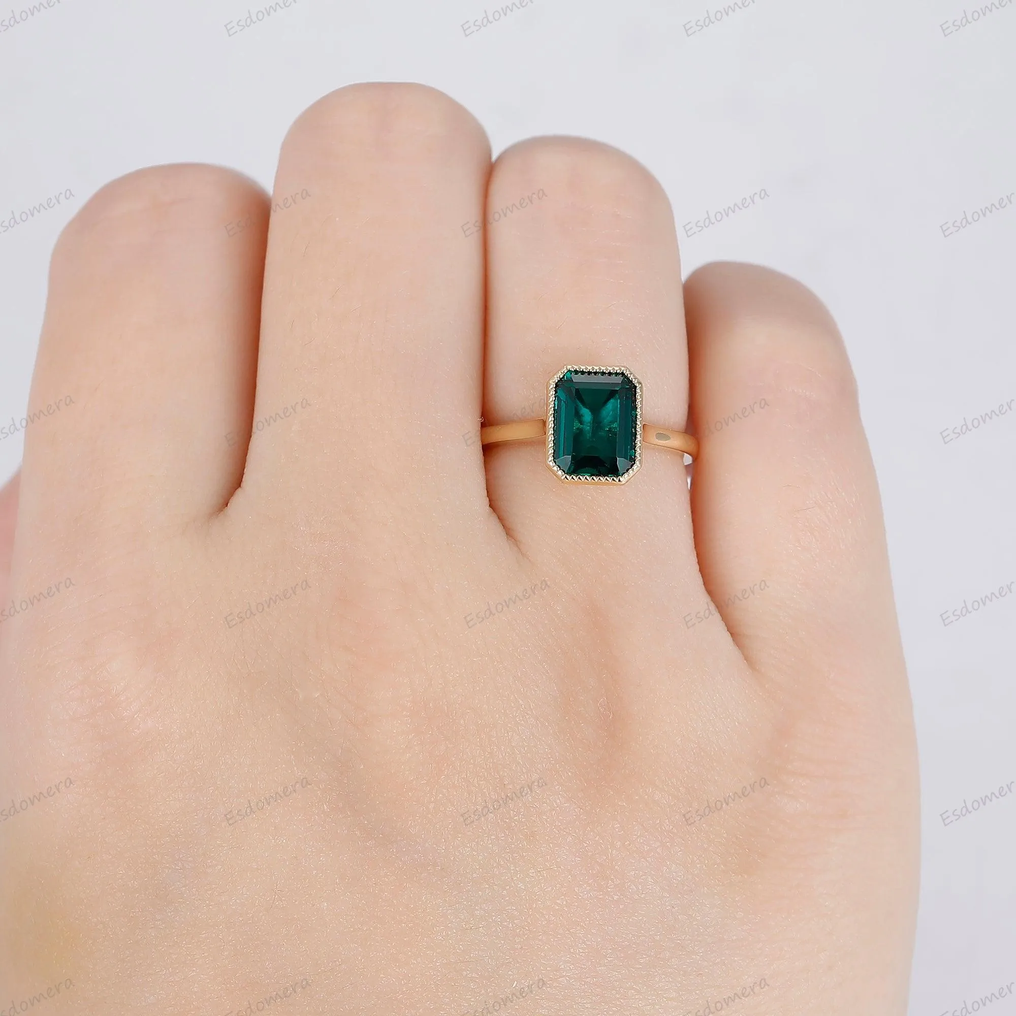 Milgrain Bezel Set 3CT Emerald Cut Green Emerald Engagement Ring