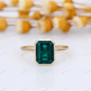 Milgrain Bezel Set 3CT Emerald Cut Green Emerald Engagement Ring