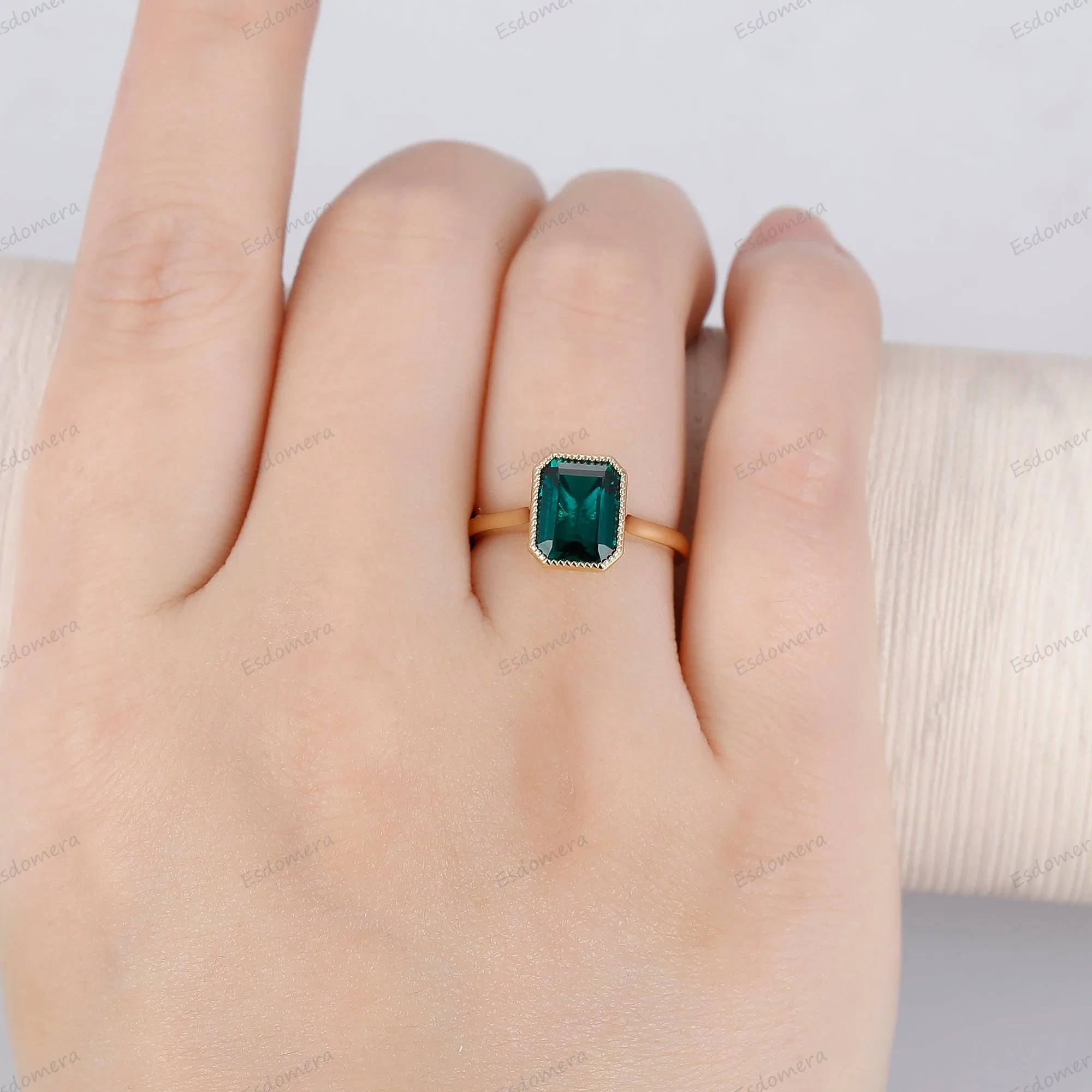 Milgrain Bezel Set 3CT Emerald Cut Green Emerald Engagement Ring