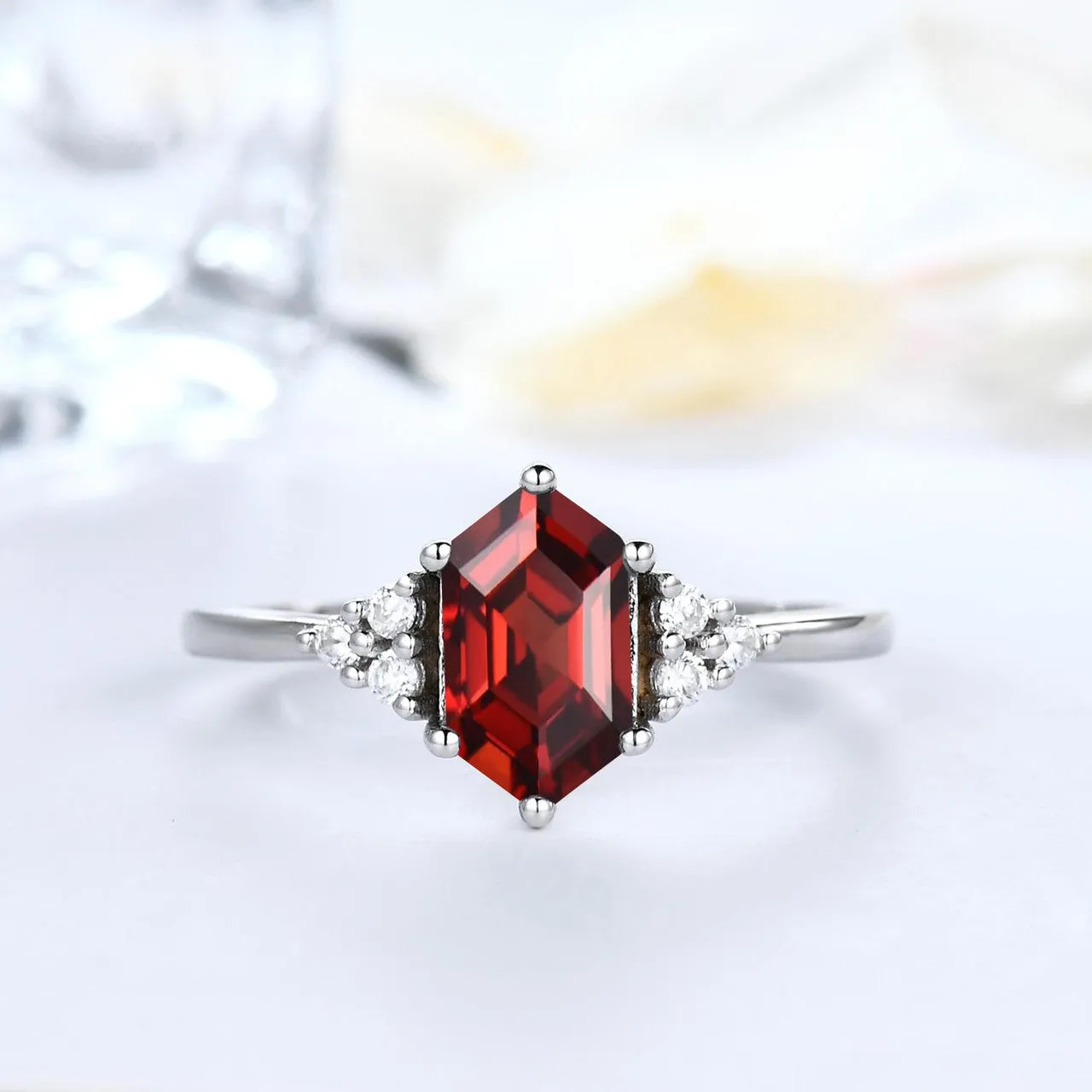 Minimalist Elongated Hexagon Lab Ruby Engagement Rings Diamond Cluster 7 Stones 18K White Gold