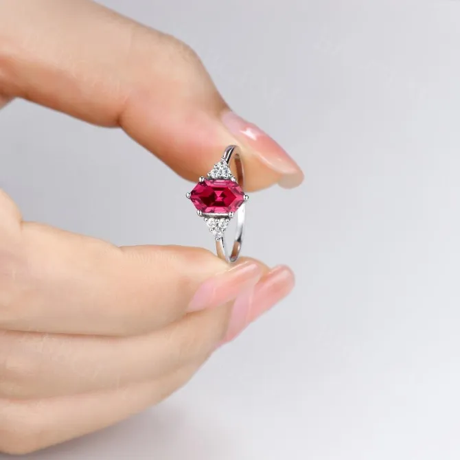 Minimalist Elongated Hexagon Lab Ruby Engagement Rings Diamond Cluster 7 Stones 18K White Gold