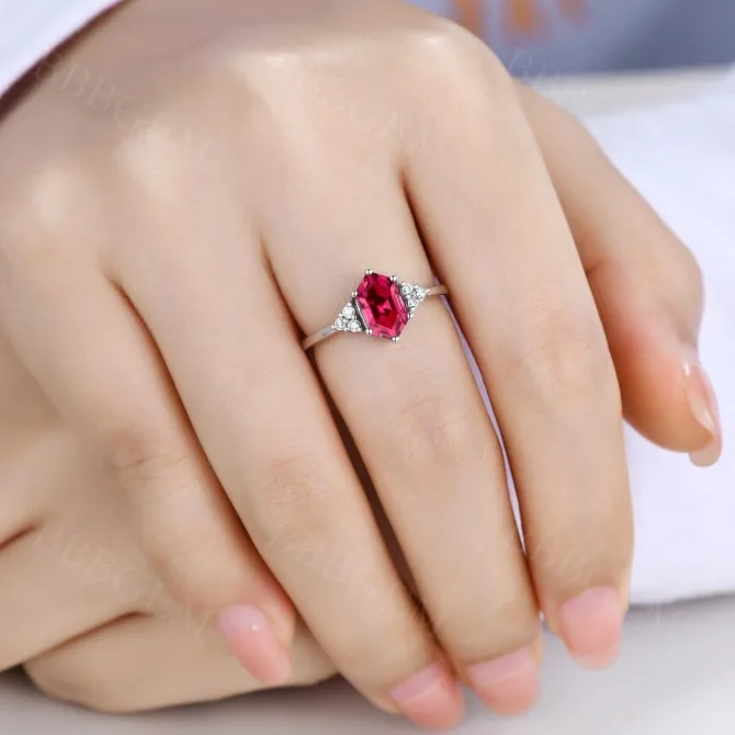 Minimalist Elongated Hexagon Lab Ruby Engagement Rings Diamond Cluster 7 Stones 18K White Gold