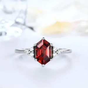 Minimalist Elongated Hexagon Lab Ruby Engagement Rings Diamond Cluster 7 Stones 18K White Gold