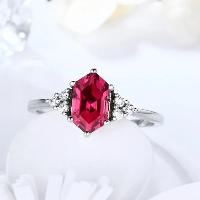 Minimalist Elongated Hexagon Lab Ruby Engagement Rings Diamond Cluster 7 Stones 18K White Gold