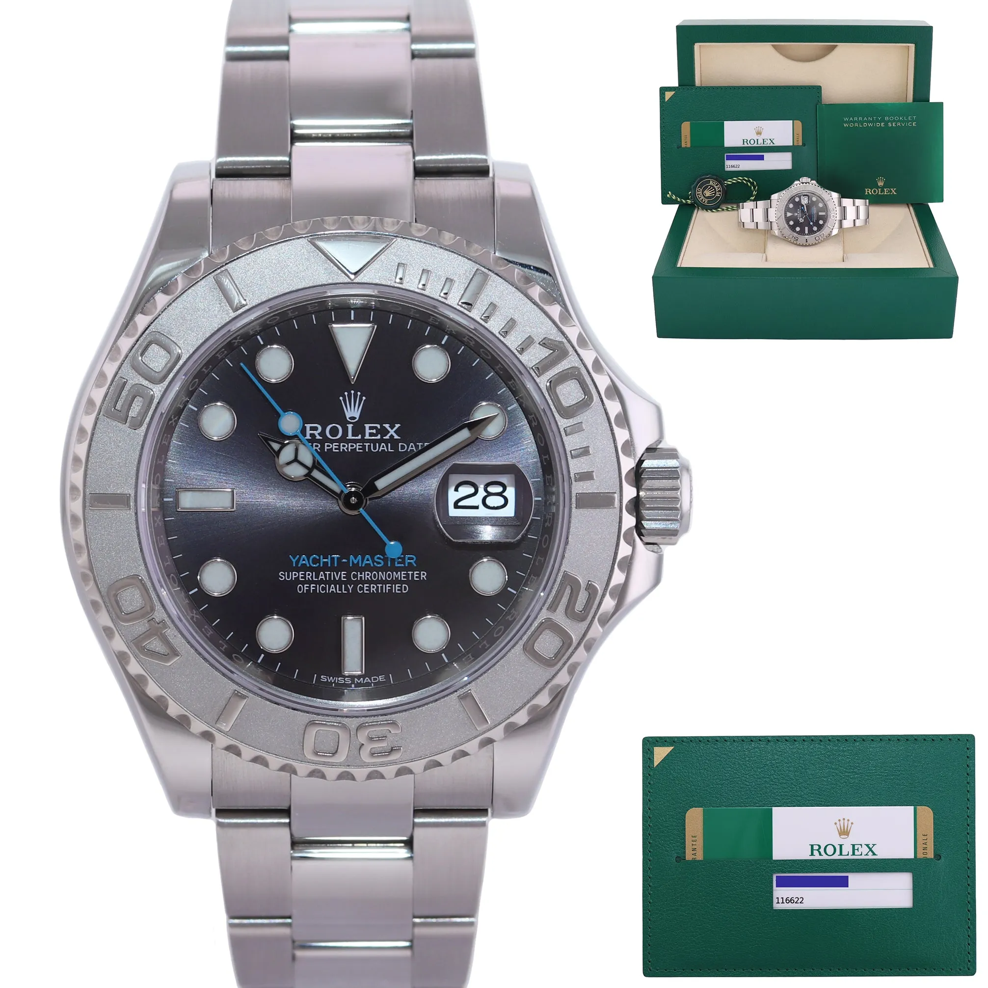 MINT 2018 PAPERS Rolex Yacht-Master 116622 Rhodium Steel Platinum Blue 40mm Watch
