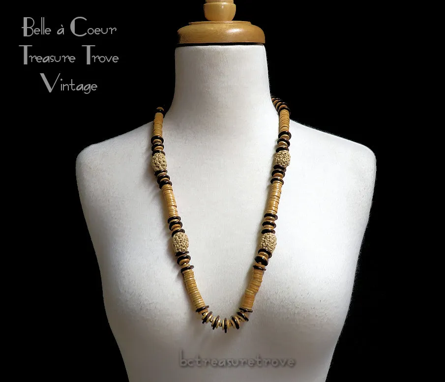 Miriam Haskell Wood Bead Necklace 1970s Vintage