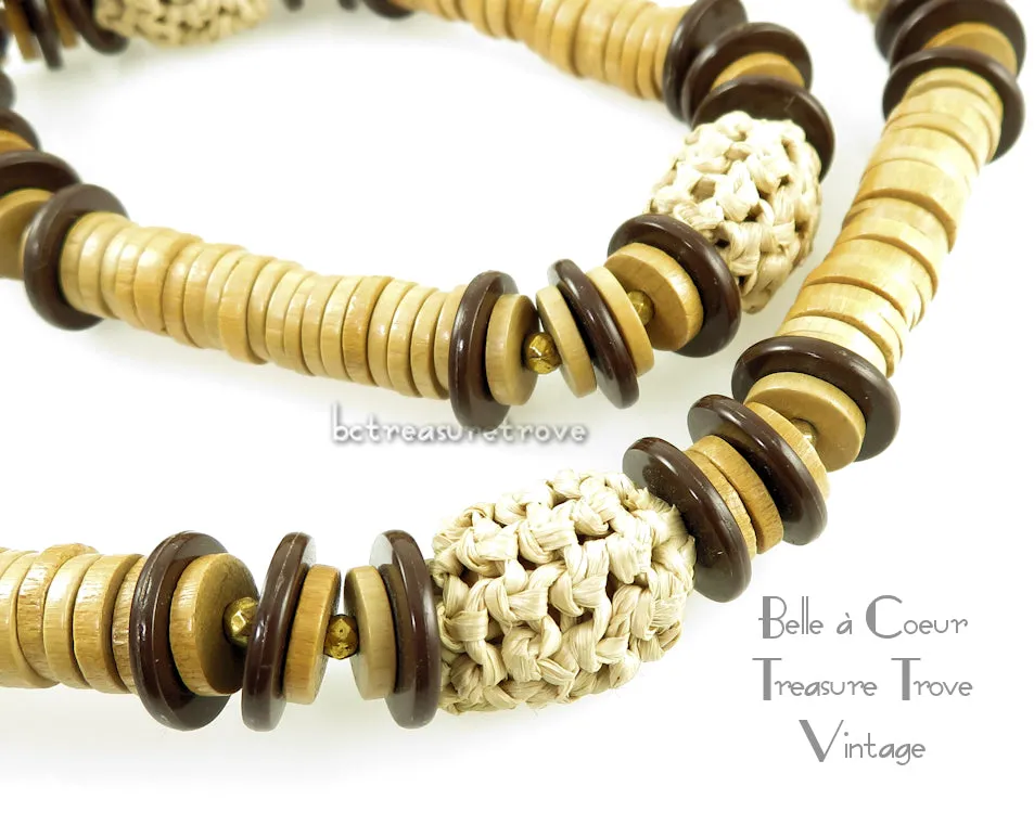 Miriam Haskell Wood Bead Necklace 1970s Vintage