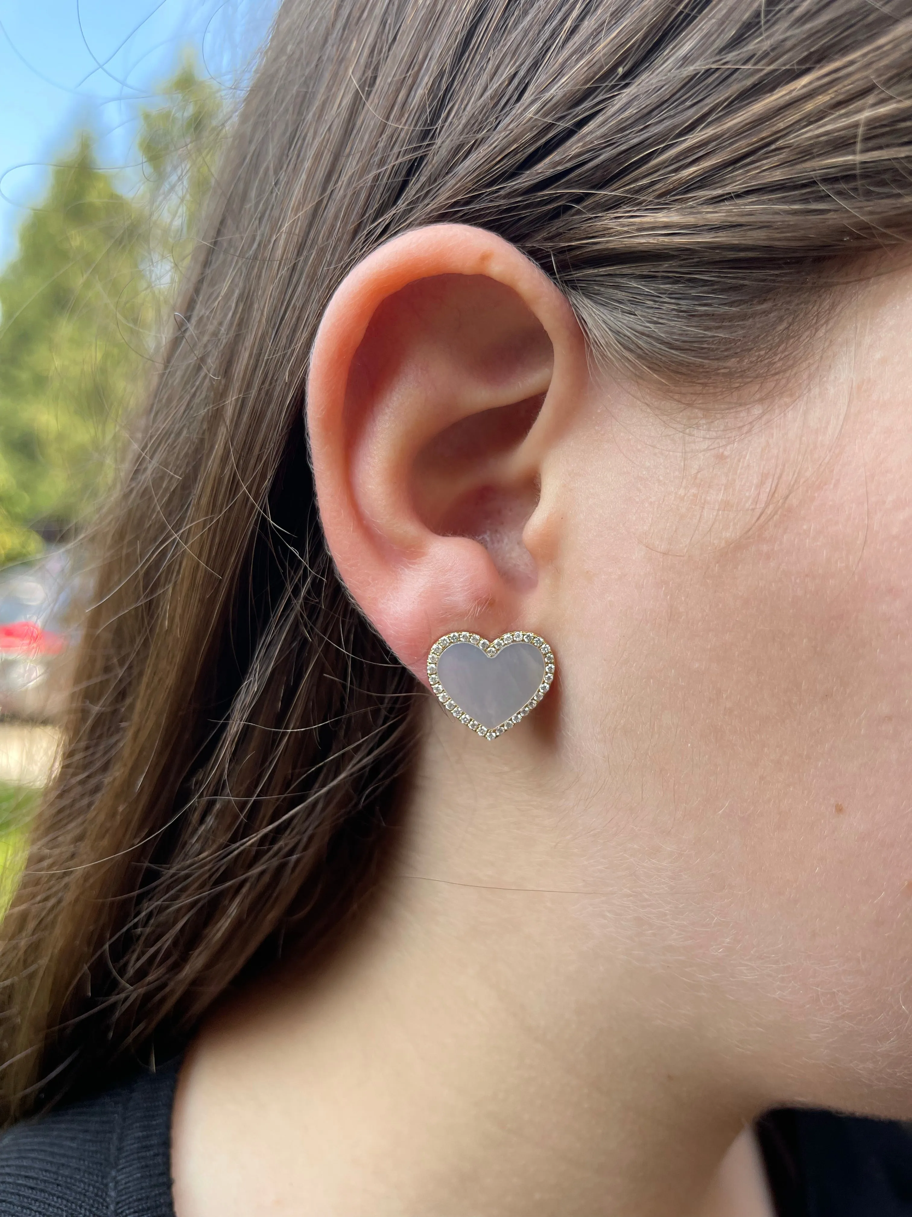 Mother-of-Pearl Heart & Diamond Stud Earrings