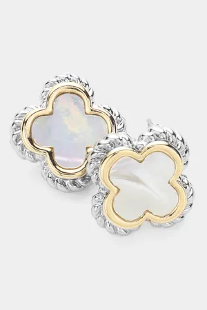 Mother Of Pearl Two Tone Quatrefoil Stud Earrings