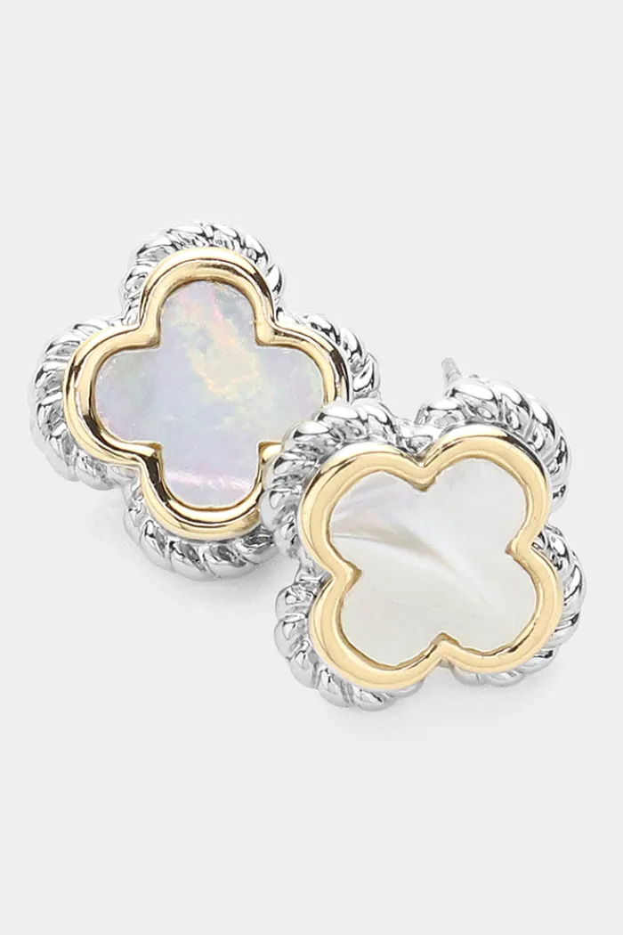Mother Of Pearl Two Tone Quatrefoil Stud Earrings