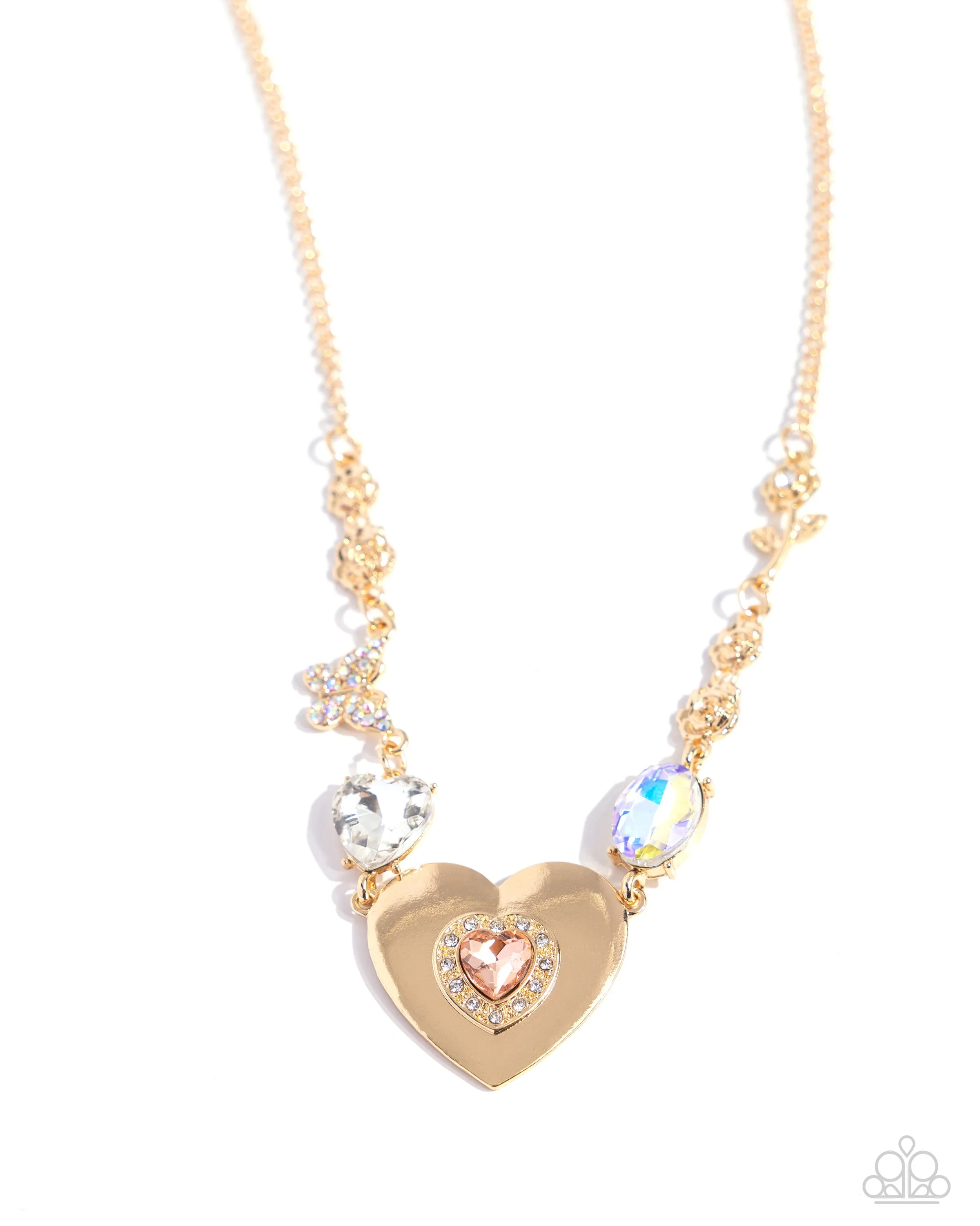 Motivated Medley - Gold - White Rhinestone Encrusted Butterfly, Rose, and Heart Paparazzi Short Necklace