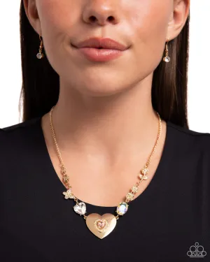 Motivated Medley - Gold - White Rhinestone Encrusted Butterfly, Rose, and Heart Paparazzi Short Necklace