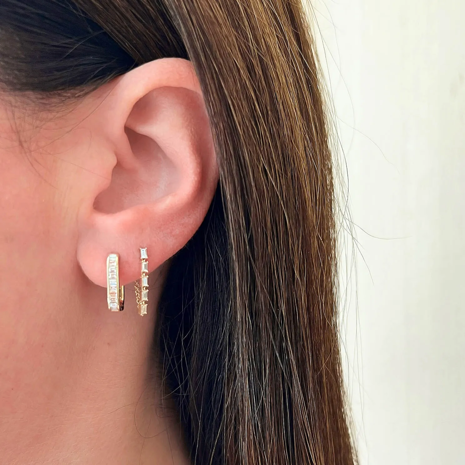 Multi Diamond Baguette Chain Stud Earring