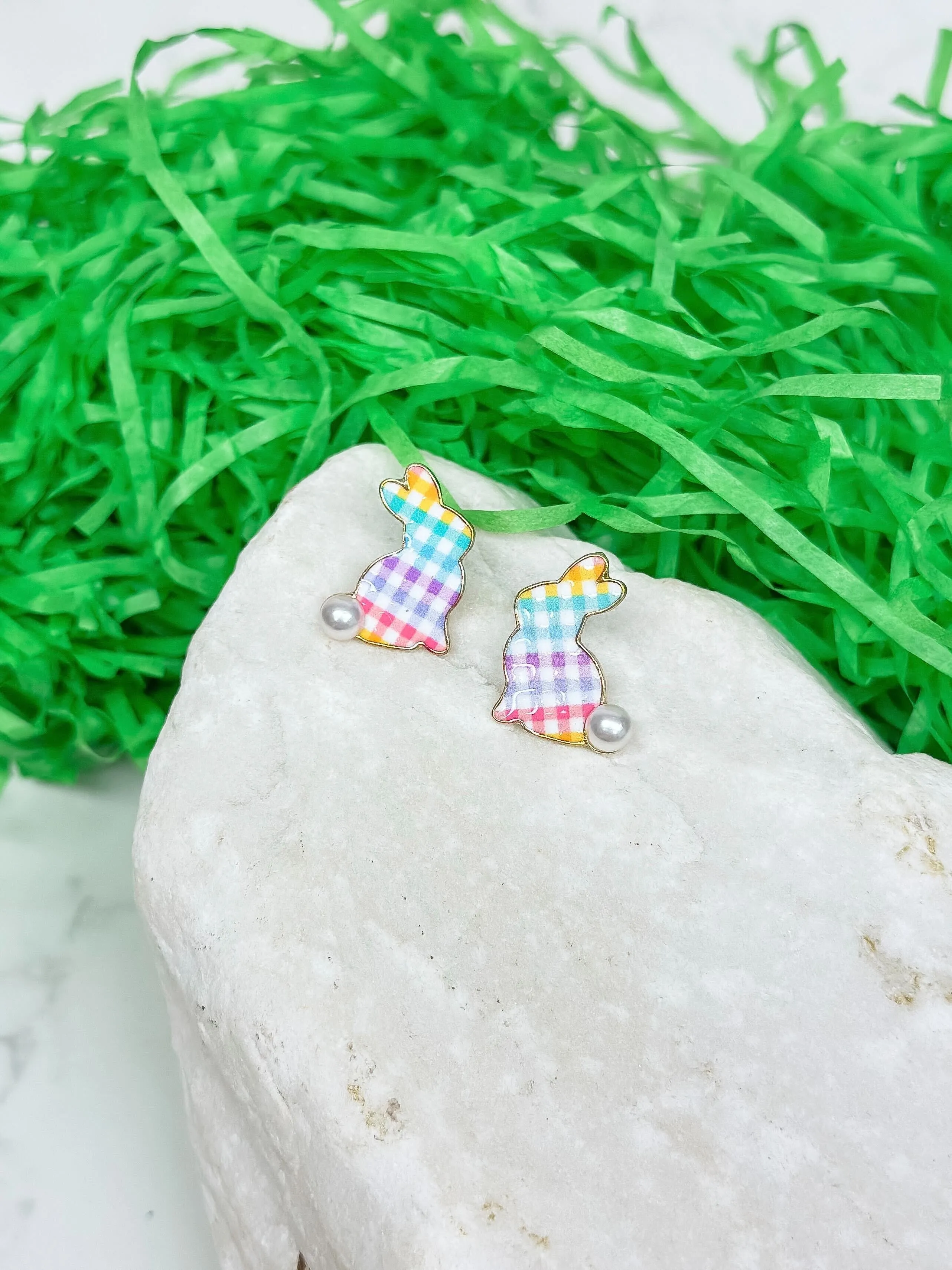 Multi Gingham Pearl Bunny Stud Earrings