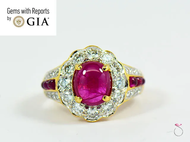 Natural Ruby Diamond Halo Ring in 18k Yellow Gold, 2.42 CT.