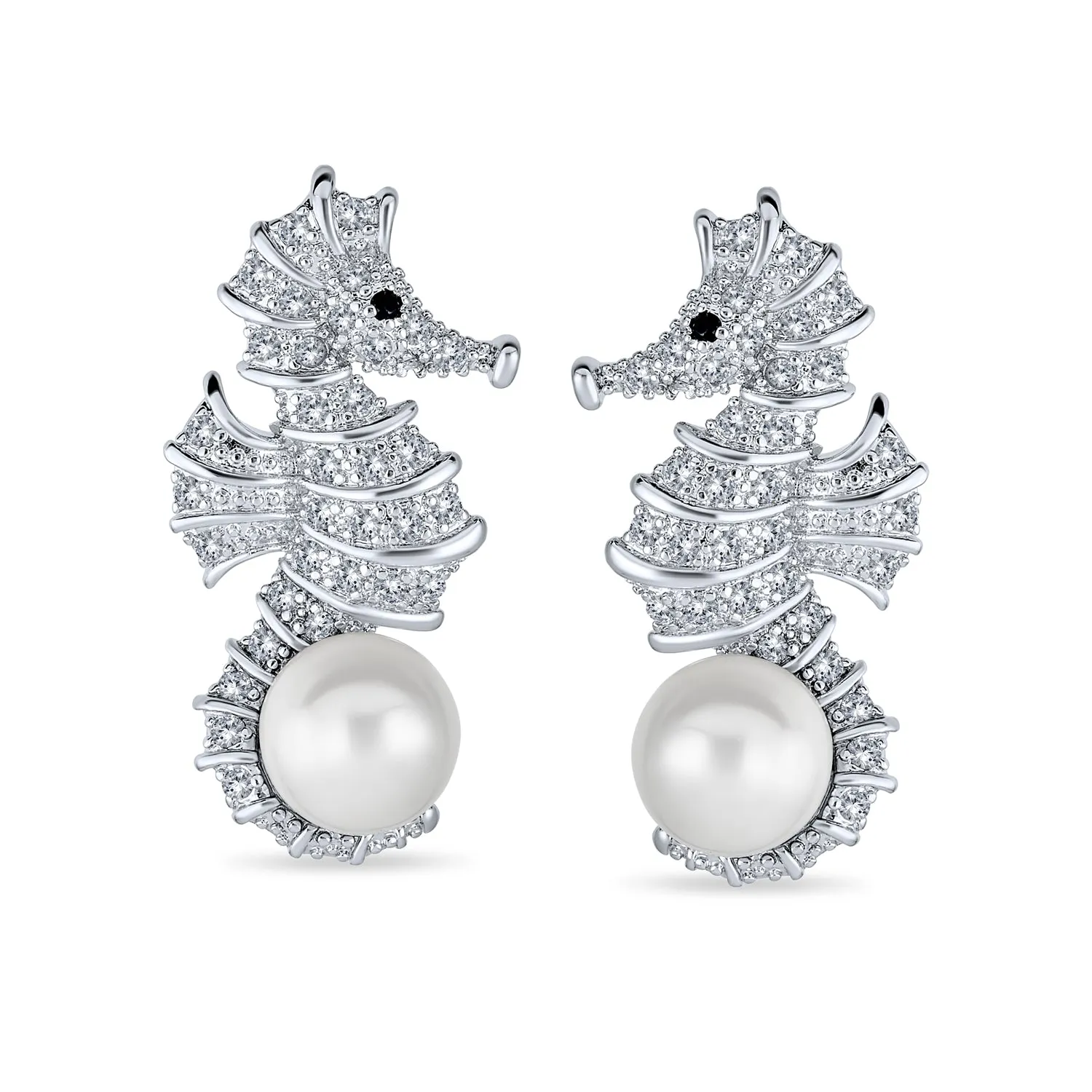 Nautical Wedding CZ Stud Earrings with Simulated Pearl Seahorse Design