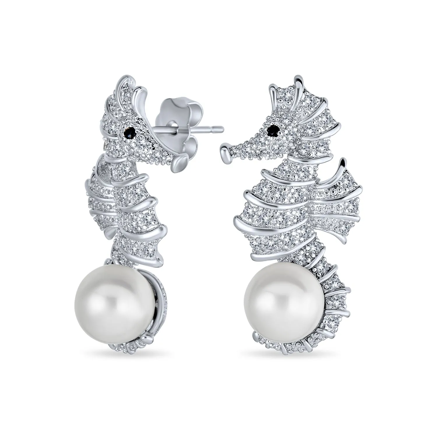 Nautical Wedding CZ Stud Earrings with Simulated Pearl Seahorse Design