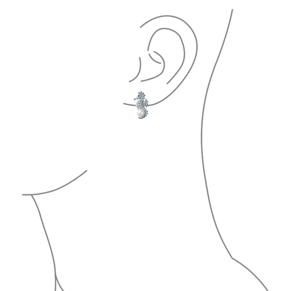 Nautical Wedding CZ Stud Earrings with Simulated Pearl Seahorse Design