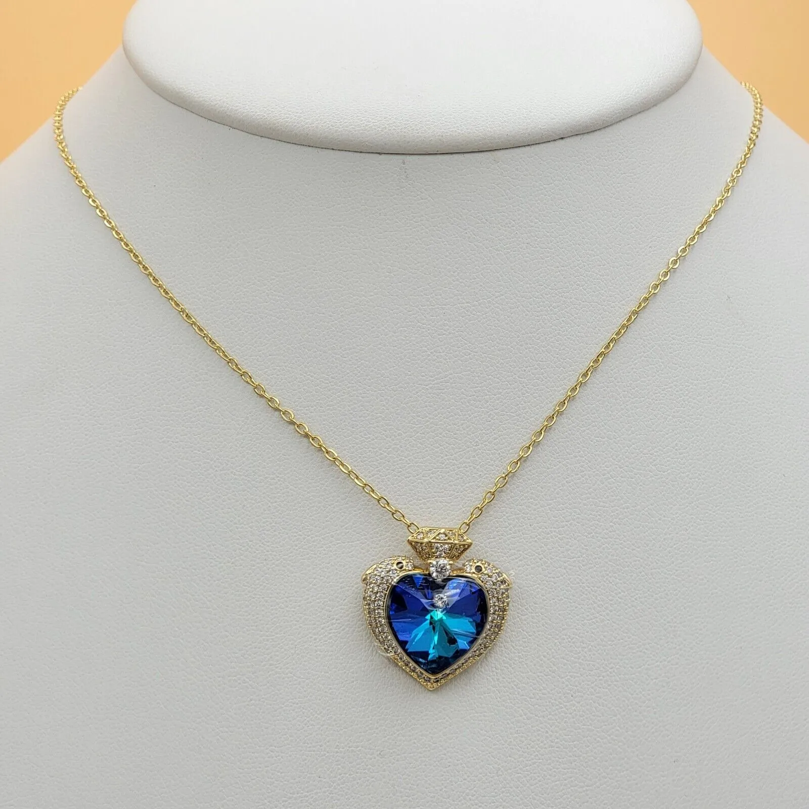Necklaces - 14K Gold Plated. Blue Crystal Dolphins Heart Pendant & Chain.