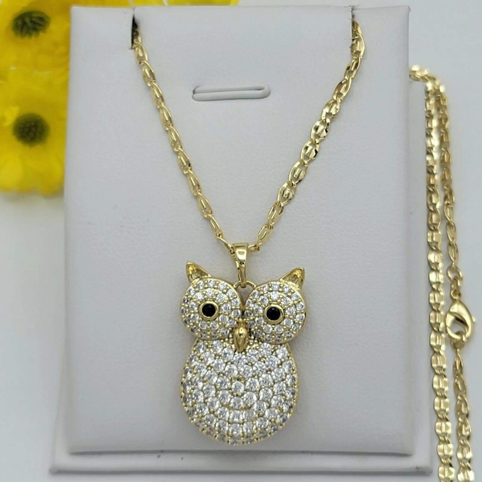 Necklaces - 14k Gold Plated. CZ Icy Owl Pendant & Chain.