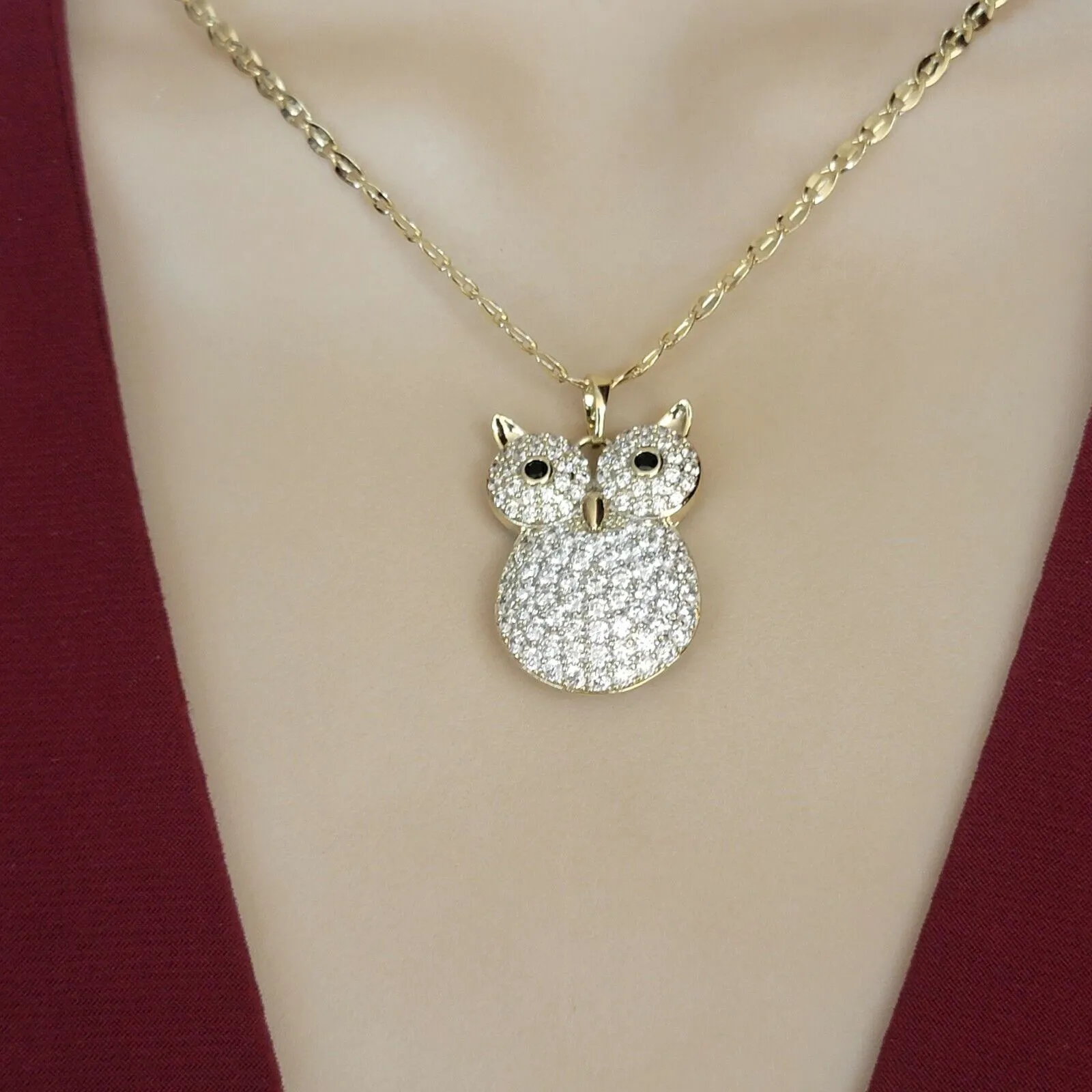 Necklaces - 14k Gold Plated. CZ Icy Owl Pendant & Chain.