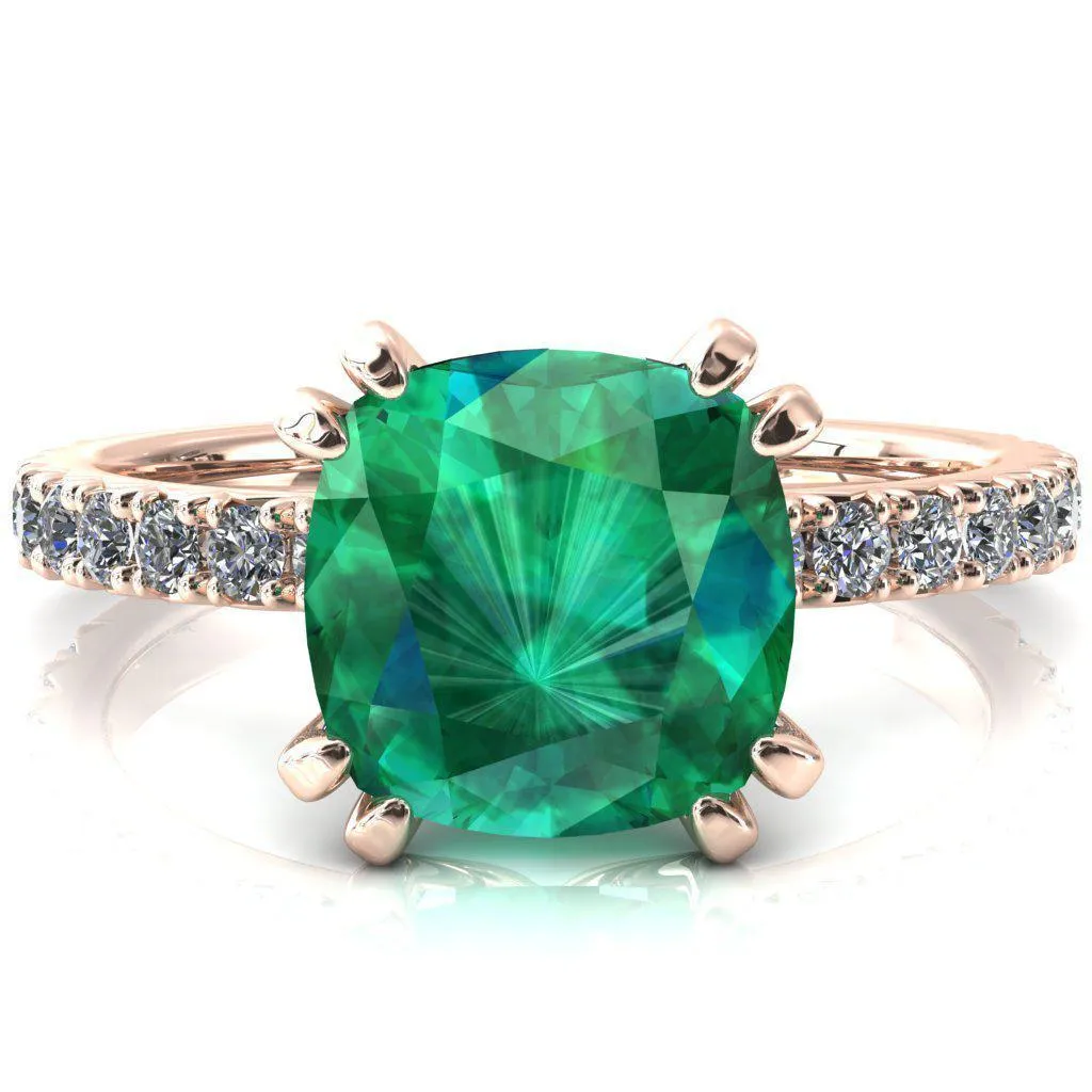 Nefili Cushion Emerald 4 Double Prong 5/8 Eternity Diamond French Pave Engagement Ring