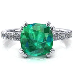Nefili Cushion Emerald 4 Double Prong 5/8 Eternity Diamond French Pave Engagement Ring