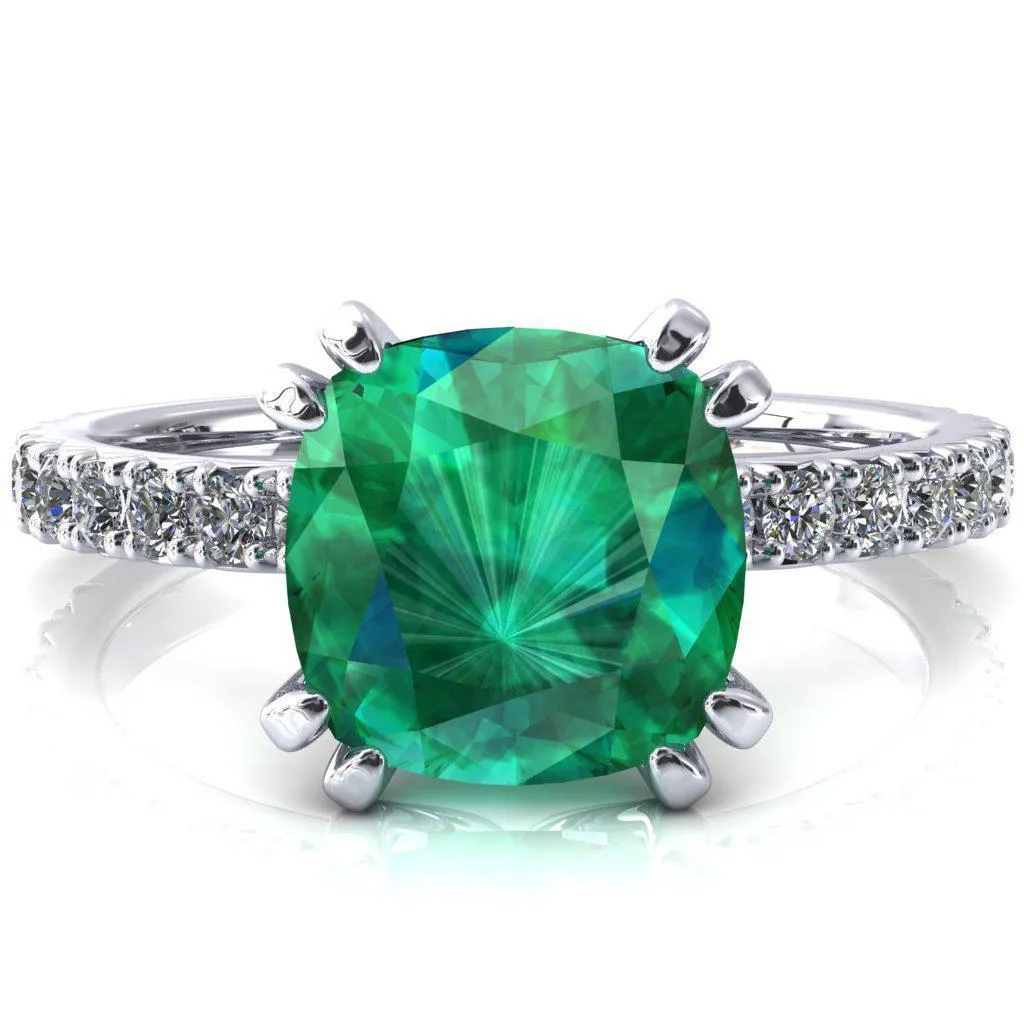 Nefili Cushion Emerald 4 Double Prong 5/8 Eternity Diamond French Pave Engagement Ring