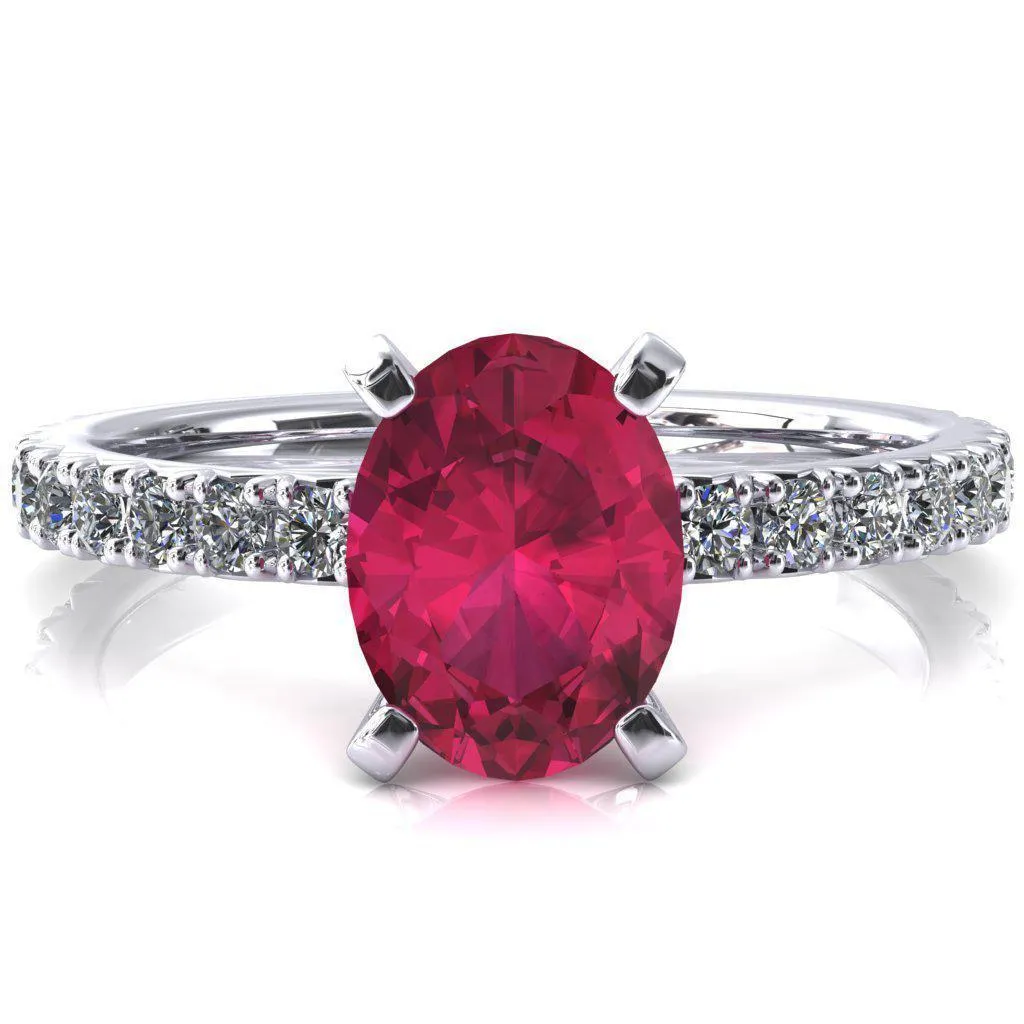 Nefili Oval Ruby 4 Prong 5/8 Eternity Diamond French Pave Engagement Ring