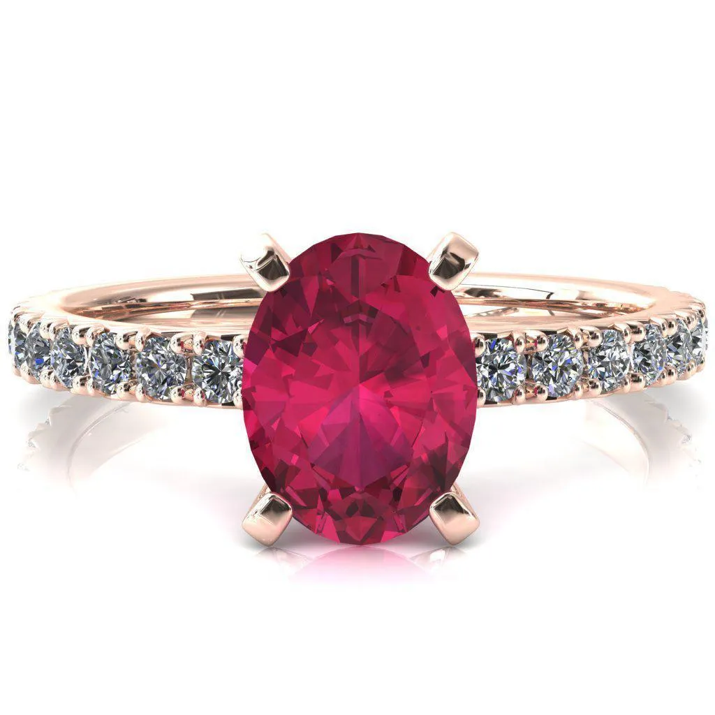 Nefili Oval Ruby 4 Prong 5/8 Eternity Diamond French Pave Engagement Ring