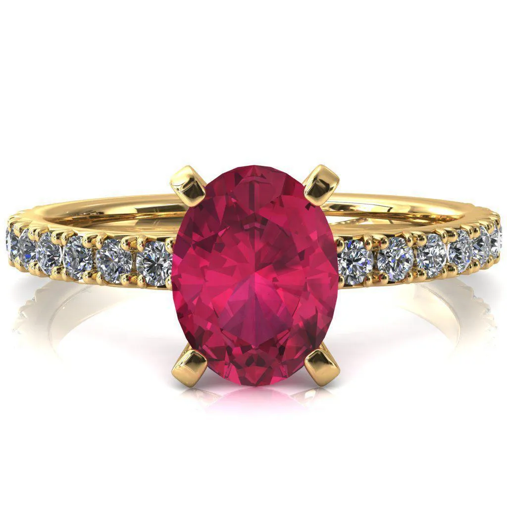 Nefili Oval Ruby 4 Prong 5/8 Eternity Diamond French Pave Engagement Ring
