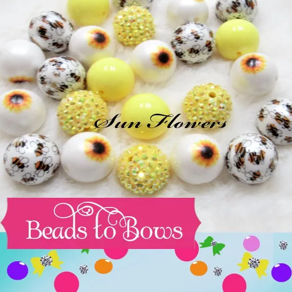 NEW 24 Ct. 20mm Printed Sunflower & Bumble Bee Mix With Coordinating Colored Bubblegum Bead Mix