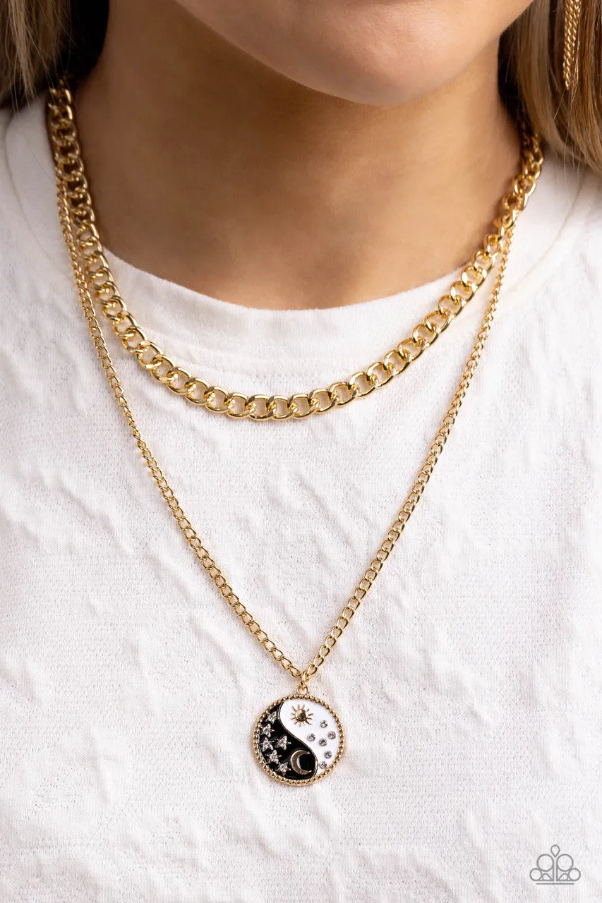 Night and Day - Black - and Gold Yin-Yang, Moon and Sun Tiered Paparazzi Short Necklace
