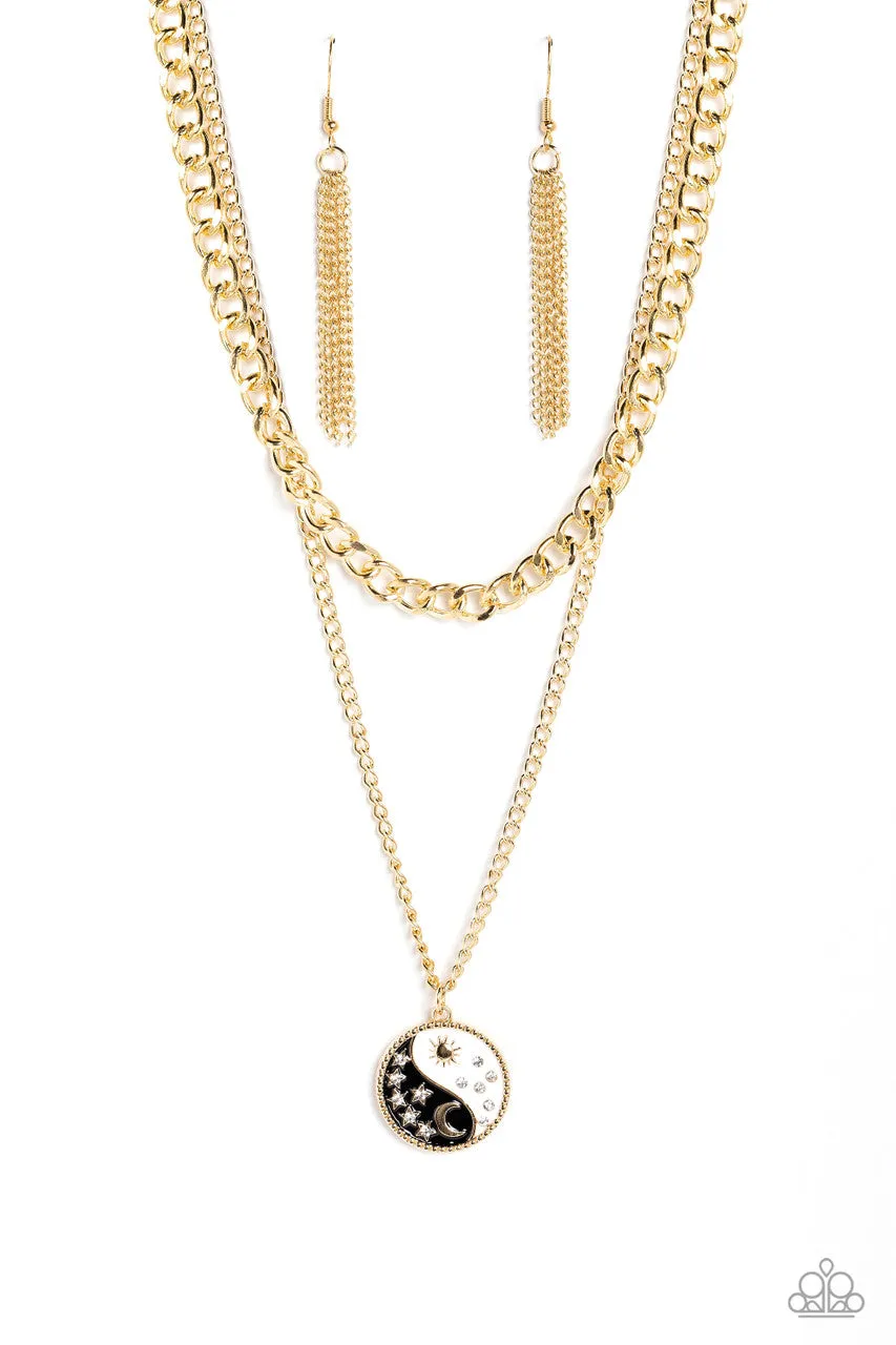 Night and Day - Black - and Gold Yin-Yang, Moon and Sun Tiered Paparazzi Short Necklace