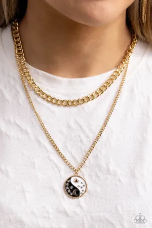 Night and Day - Black - and Gold Yin-Yang, Moon and Sun Tiered Paparazzi Short Necklace