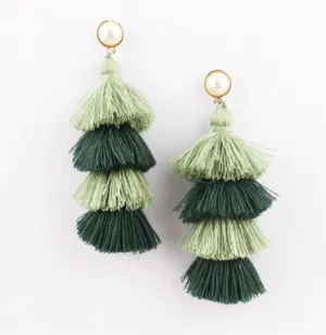 Olive Green Tassel Pearl Stud Earrings