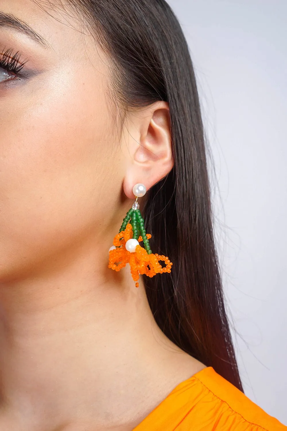 Orange Rice Bead Braided Pearl Flower Stud Earrings