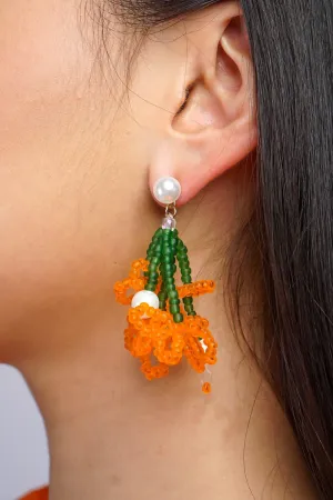 Orange Rice Bead Braided Pearl Flower Stud Earrings