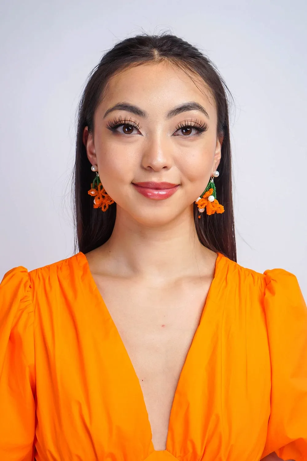 Orange Rice Bead Braided Pearl Flower Stud Earrings