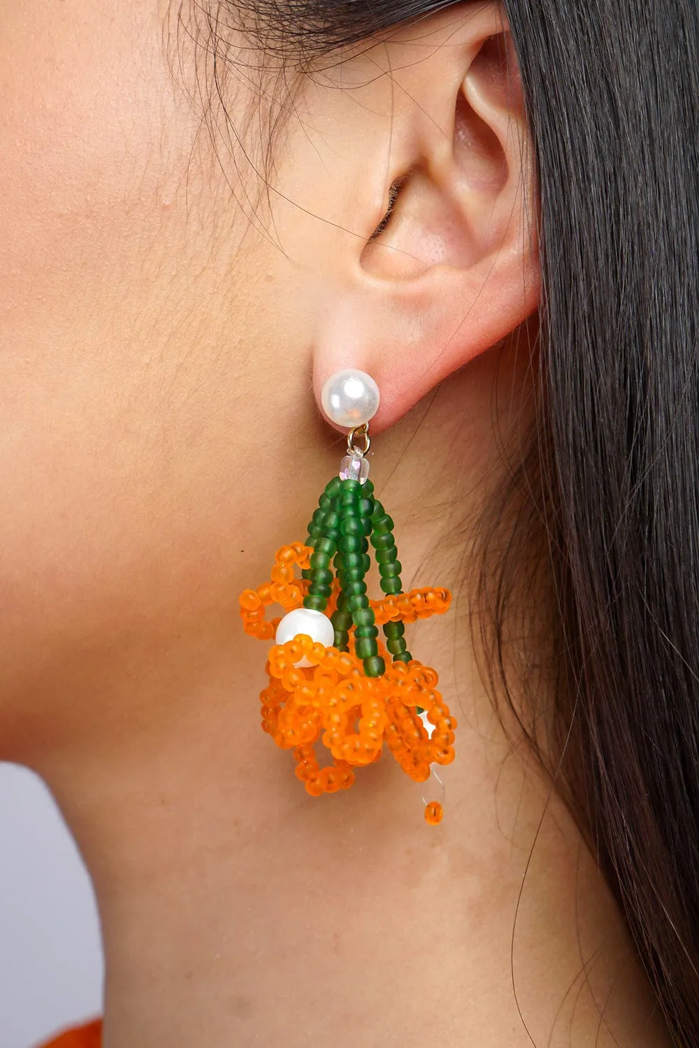 Orange Rice Bead Braided Pearl Flower Stud Earrings