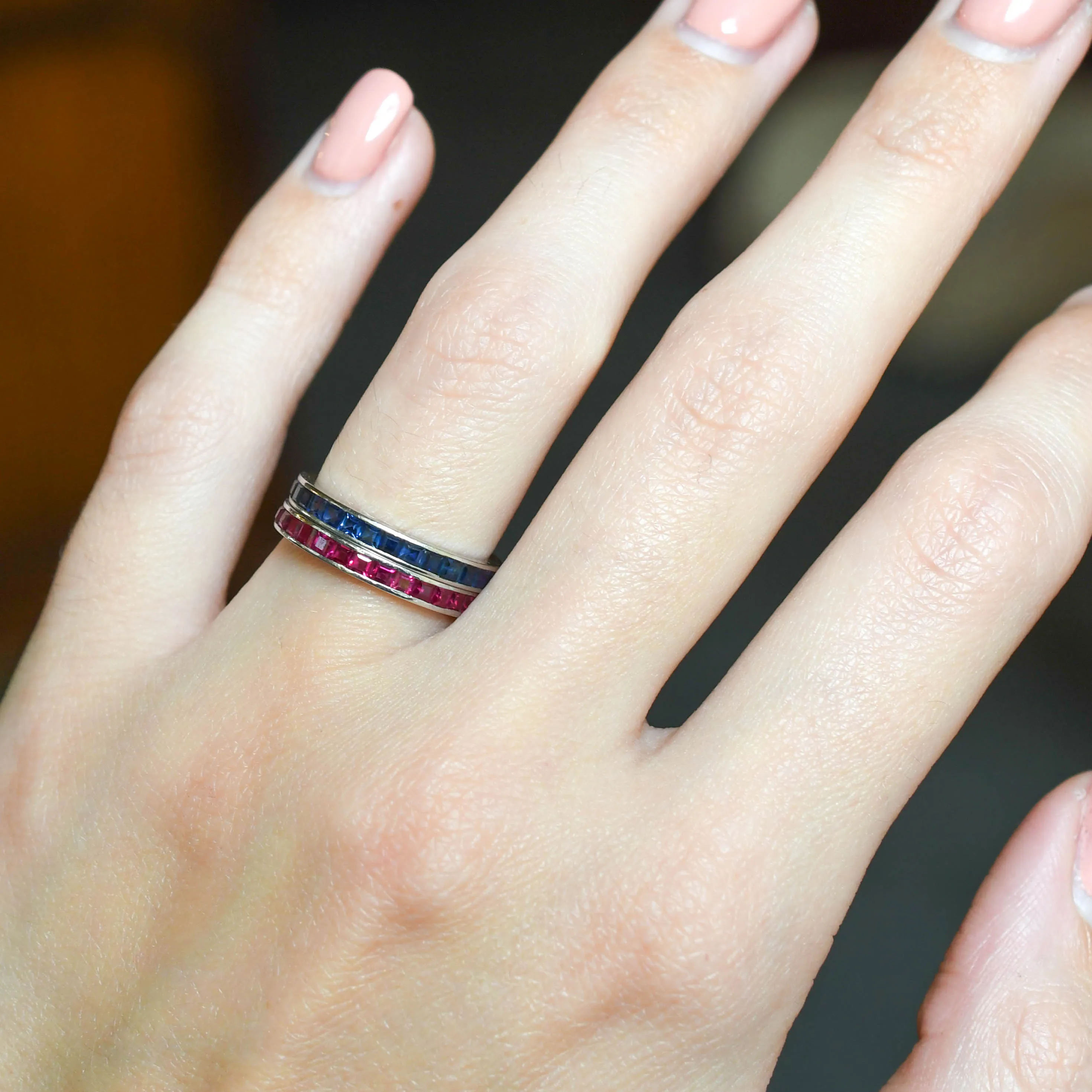 Pair of Art Deco Platinum Sapphire & Ruby Eternity Rings