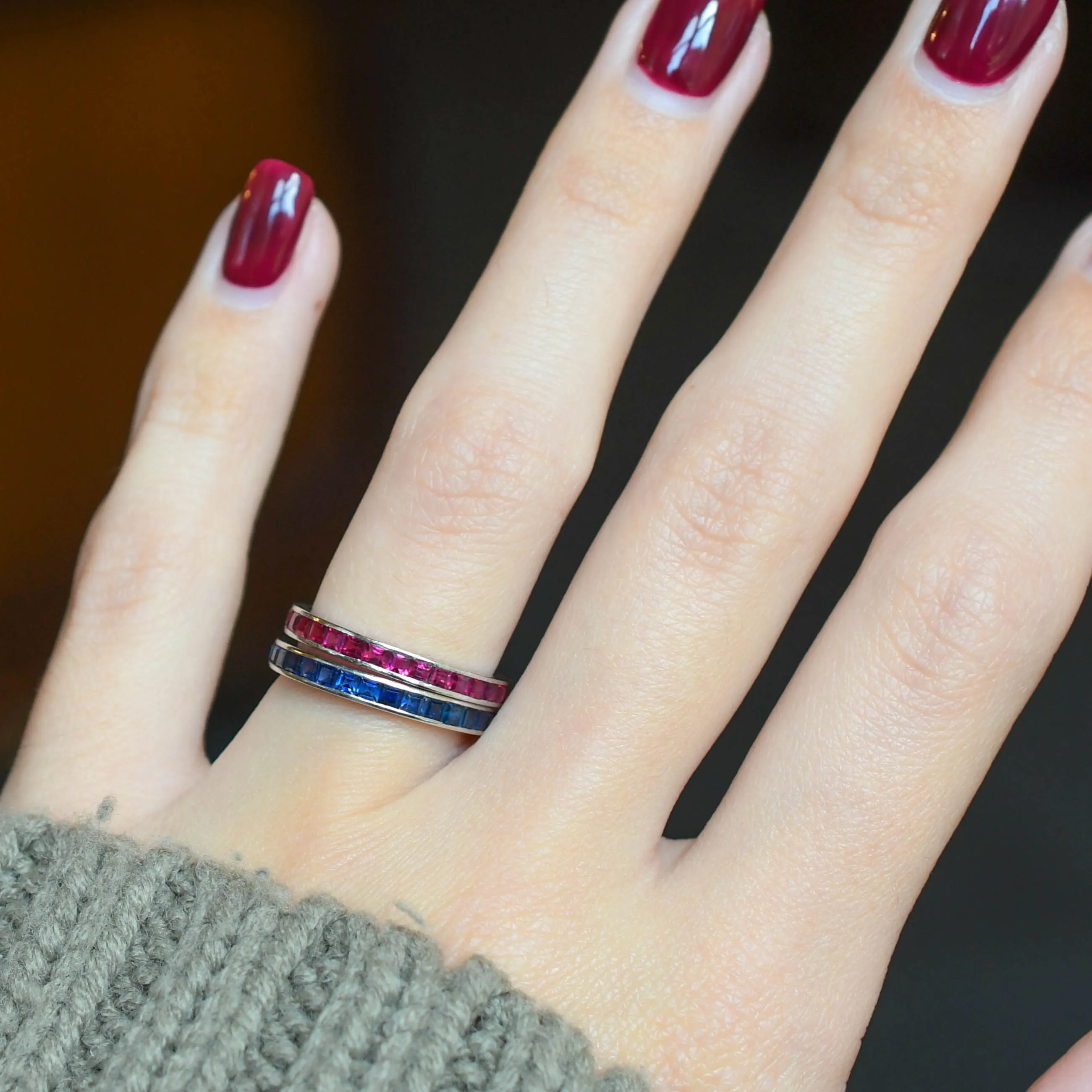 Pair of Art Deco Platinum Sapphire & Ruby Eternity Rings