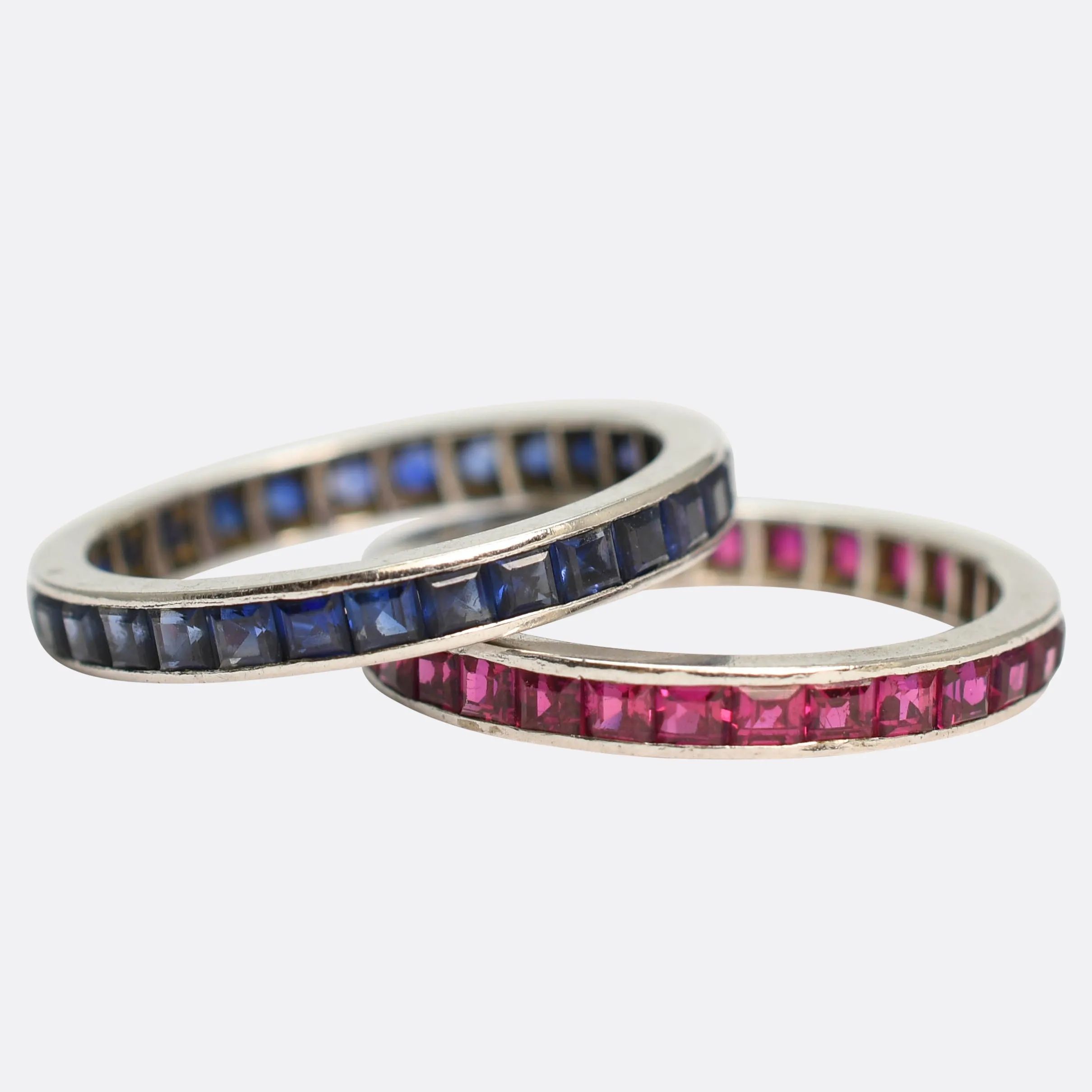 Pair of Art Deco Platinum Sapphire & Ruby Eternity Rings