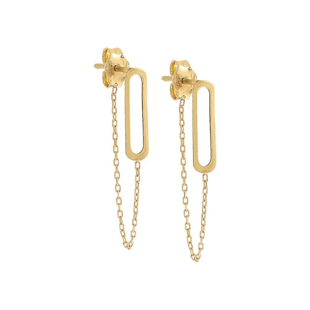 Paperclip Dangling Chain Stud Earring 14K