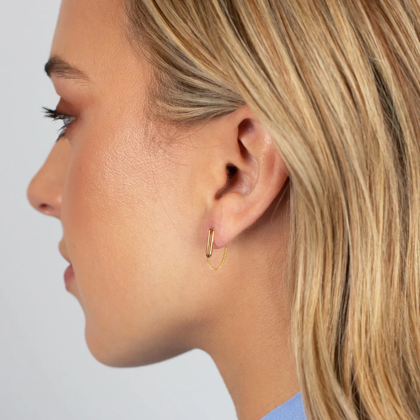 Paperclip Dangling Chain Stud Earring 14K