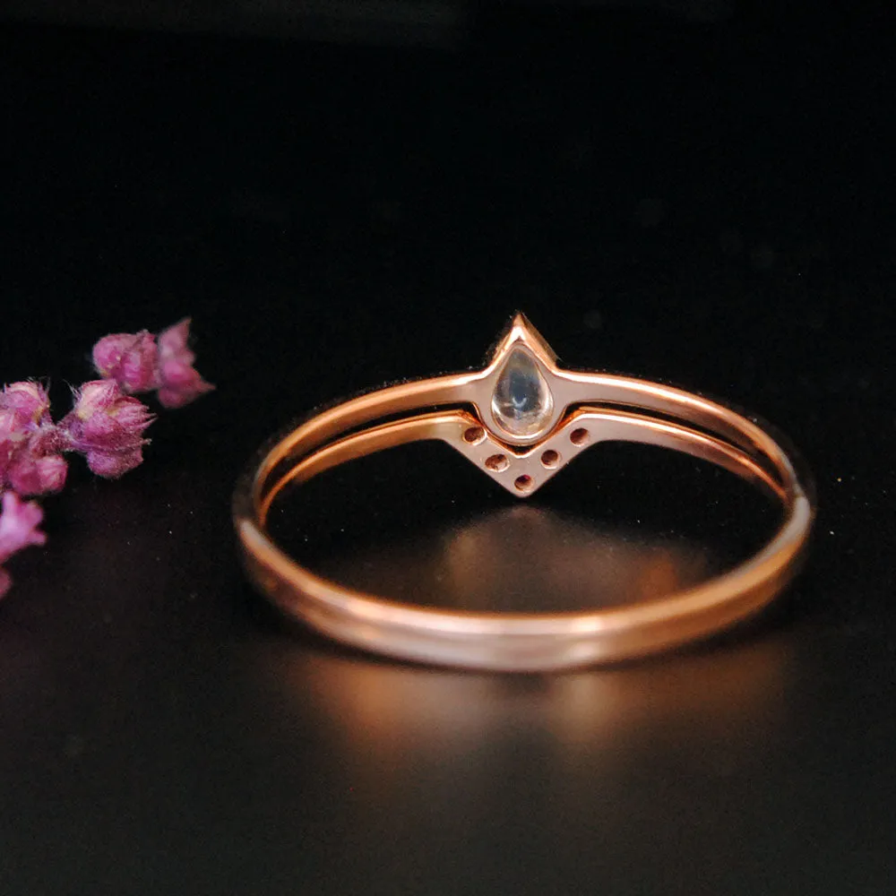 Pear Rainbow Moonstone and Ruby Chevron Wedding Ring Set