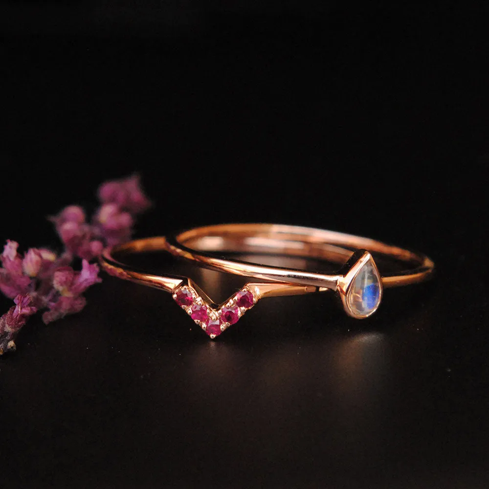 Pear Rainbow Moonstone and Ruby Chevron Wedding Ring Set