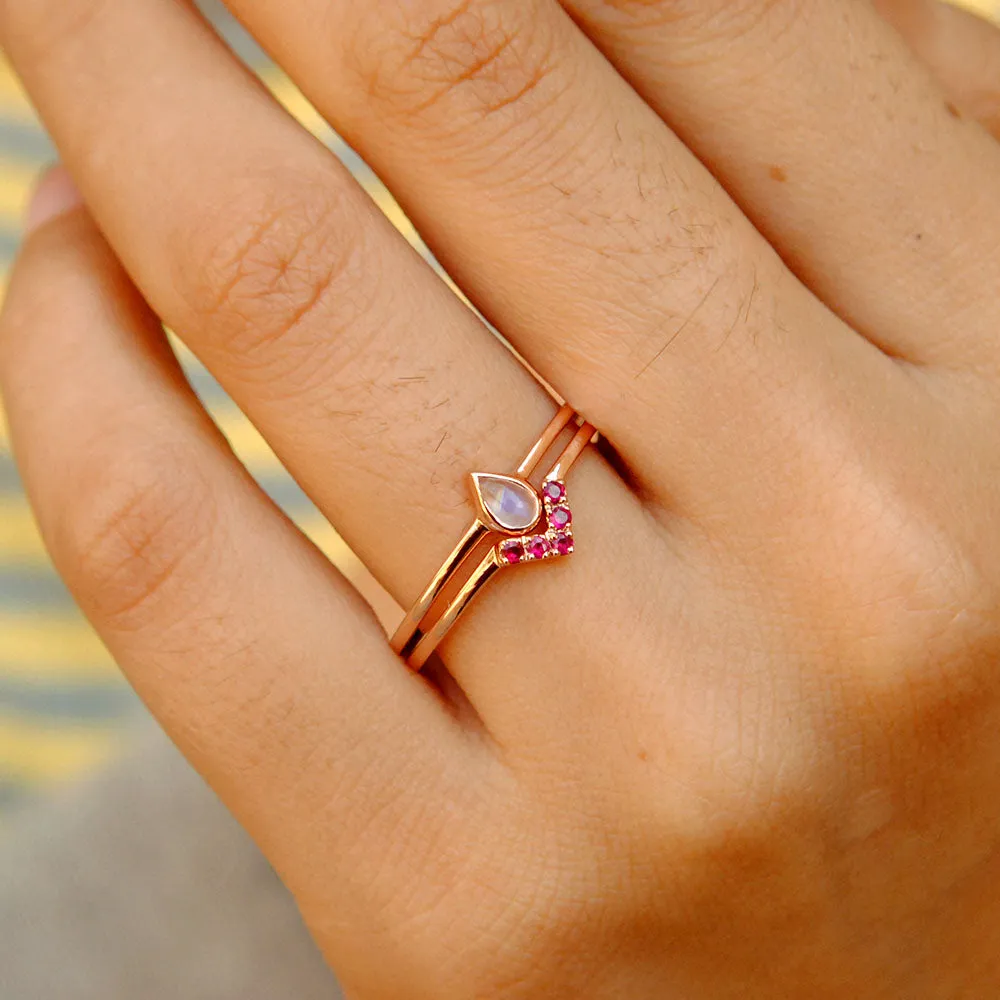 Pear Rainbow Moonstone and Ruby Chevron Wedding Ring Set