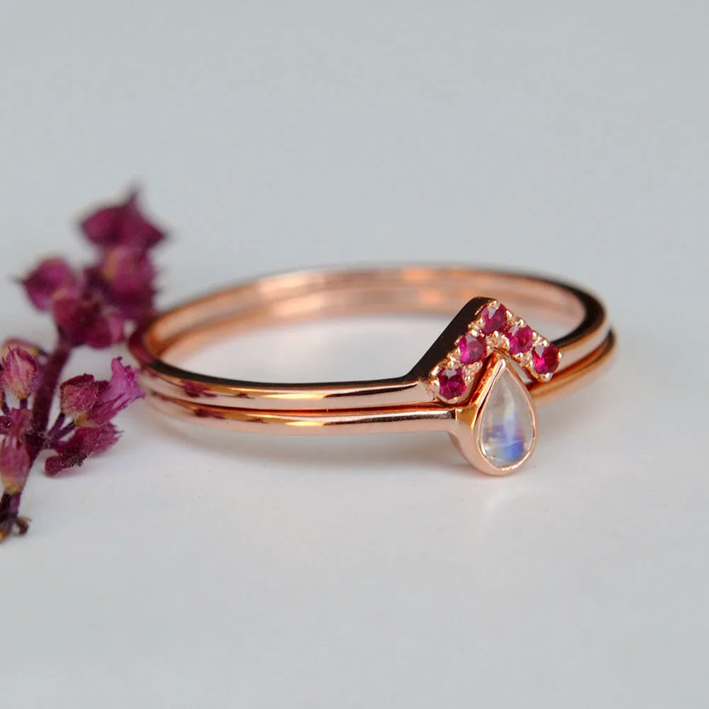 Pear Rainbow Moonstone and Ruby Chevron Wedding Ring Set