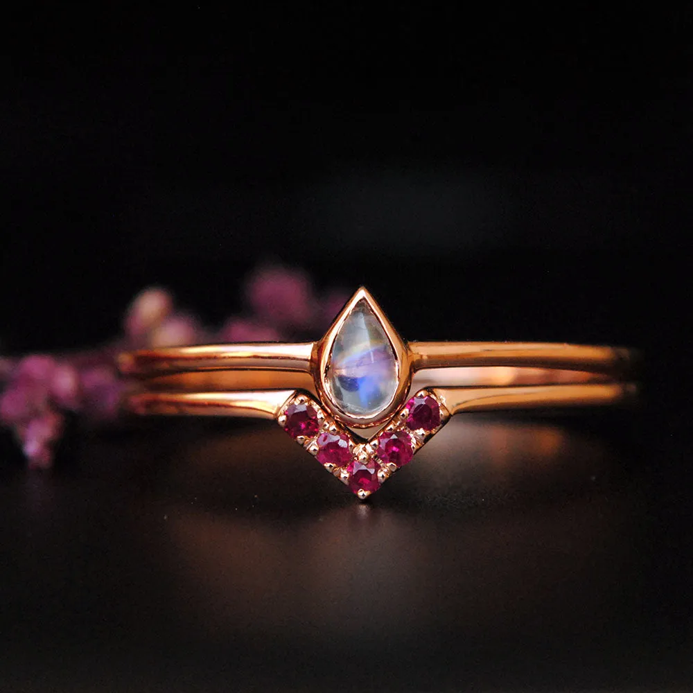 Pear Rainbow Moonstone and Ruby Chevron Wedding Ring Set